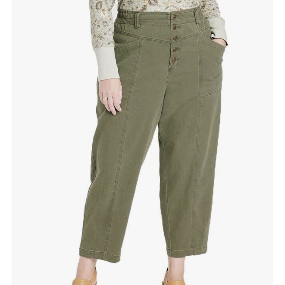 Knox Rose High Rise Button Fly Pants Green Barre Tapered Leg Pant Womens XL